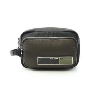 PRADA Nylon Leather Clutch Bag Black Khaki Green